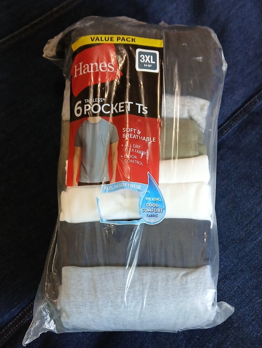 Hanes Men's 3XL 6-Pack Tagless Pocket T-Shirts